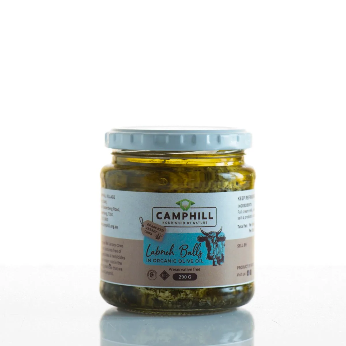 A 290 g jar of Camphill labneh balls suspended in green organic olive oil with herbs.