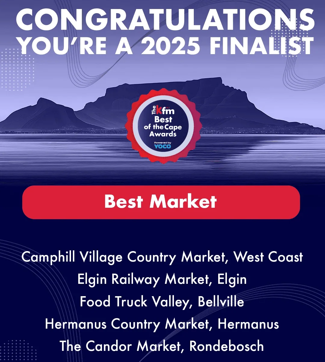 KFM Best of the Cape Awards graphic naming Camphill Village Country Market, West Coast a 2025 finalist for Best Market