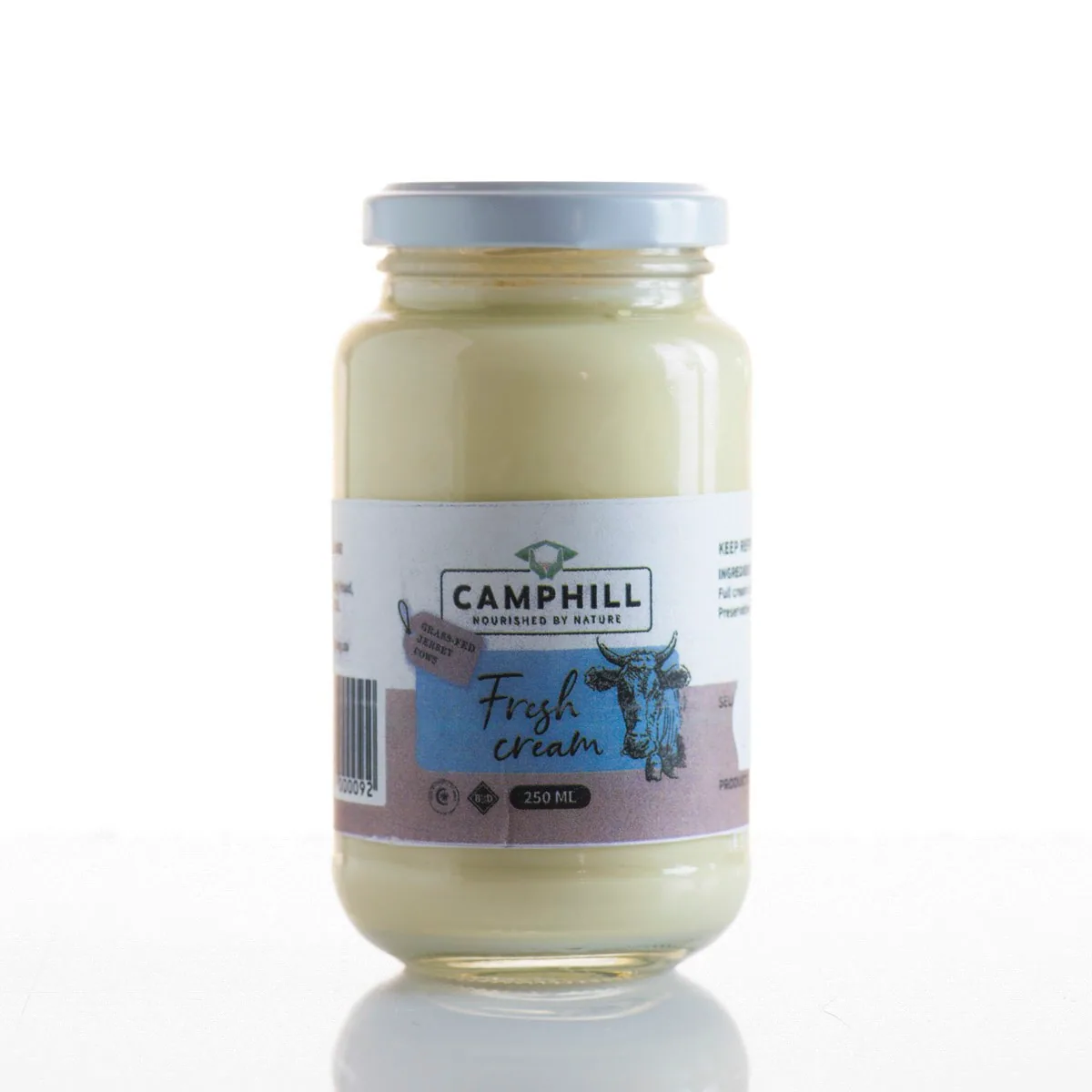 Glass jar of Camphill fresh cream with a purple label