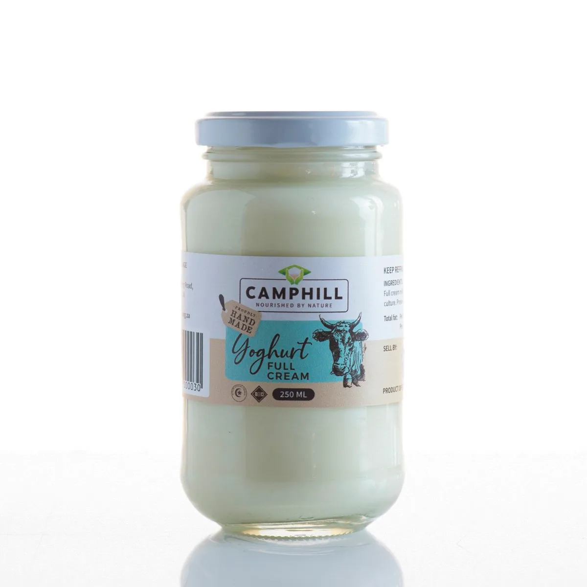 A 250 ml glass jar of Camphill full cream yoghurt, the smaller size of the one litre jar.