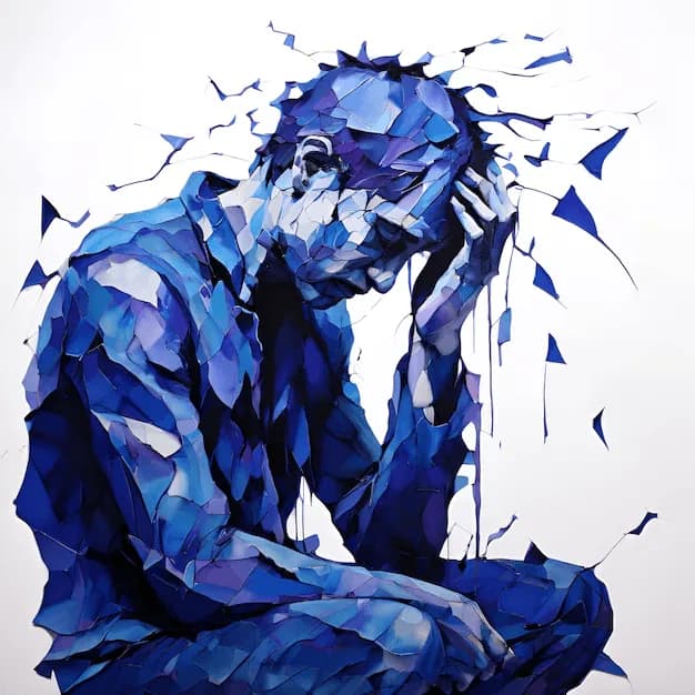 Illustration of a seated figure resting their head in their hands, painted in fragments of blue